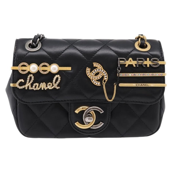 CHANEL Mini Matelasse Shoulder Bag Lamb Skin Black Gold Silver CC Auth 208572SM