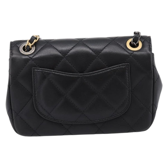 CHANEL Mini Matelasse Shoulder Bag Lamb Skin Black Gold Silver CC Auth 208572SM