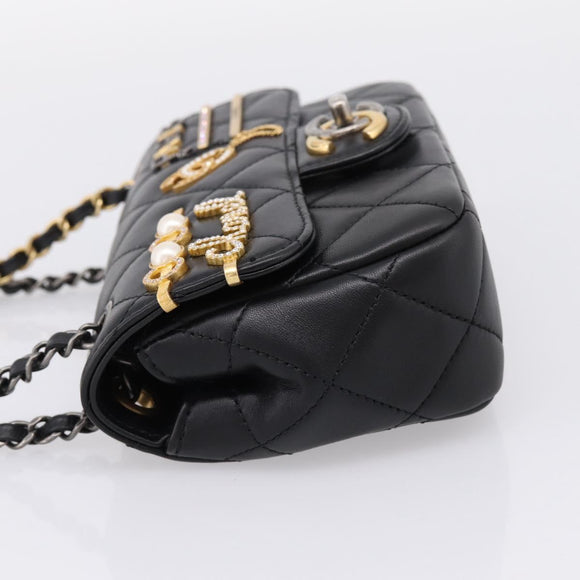 CHANEL Mini Matelasse Shoulder Bag Lamb Skin Black Gold Silver CC Auth 208572SM