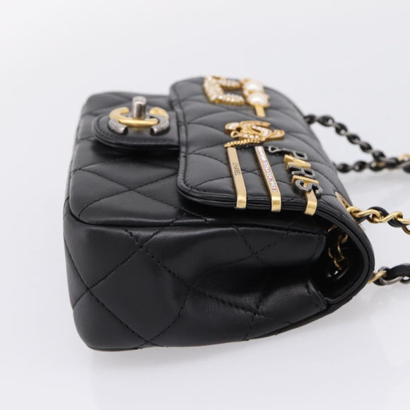 CHANEL Mini Matelasse Shoulder Bag Lamb Skin Black Gold Silver CC Auth 208572SM