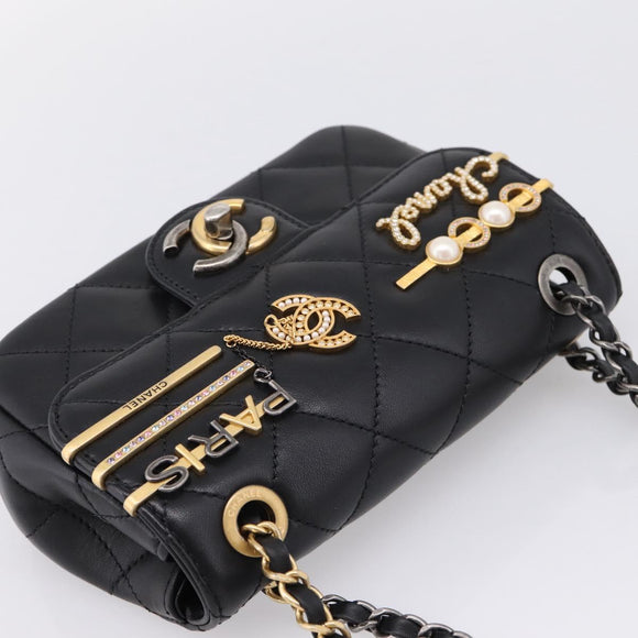 CHANEL Mini Matelasse Shoulder Bag Lamb Skin Black Gold Silver CC Auth 208572SM