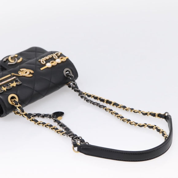 CHANEL Mini Matelasse Shoulder Bag Lamb Skin Black Gold Silver CC Auth 208572SM