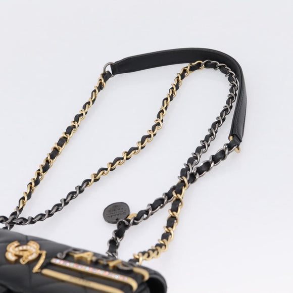 CHANEL Mini Matelasse Shoulder Bag Lamb Skin Black Gold Silver CC Auth 208572SM