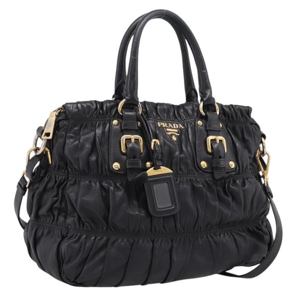 PRADA Hand Bag Leather 2way Black Gold Auth 208574V