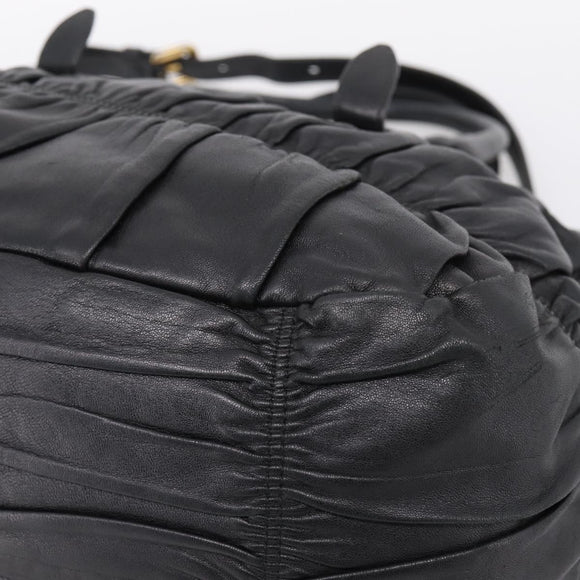 PRADA Hand Bag Leather 2way Black Gold Auth 208574V