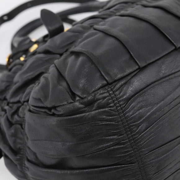 PRADA Hand Bag Leather 2way Black Gold Auth 208574V