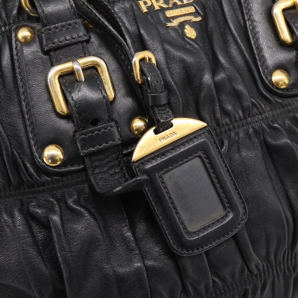 PRADA Hand Bag Leather 2way Black Gold Auth 208574V