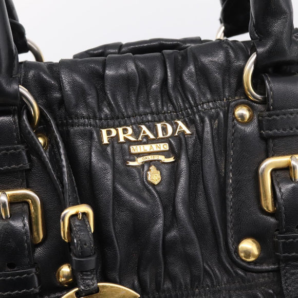 PRADA Hand Bag Leather 2way Black Gold Auth 208574V