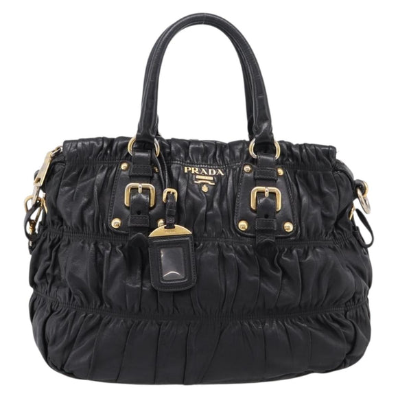 PRADA Hand Bag Leather 2way Black Gold Auth 208574V
