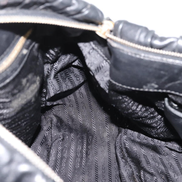 PRADA Hand Bag Leather 2way Black Gold Auth 208574V