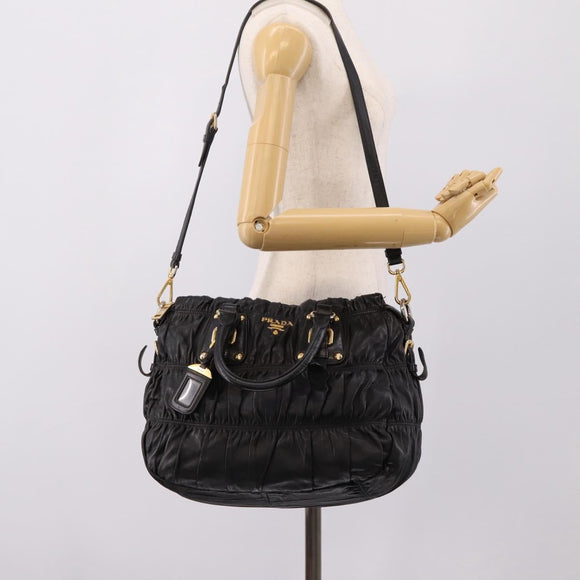 PRADA Hand Bag Leather 2way Black Gold Auth 208574V