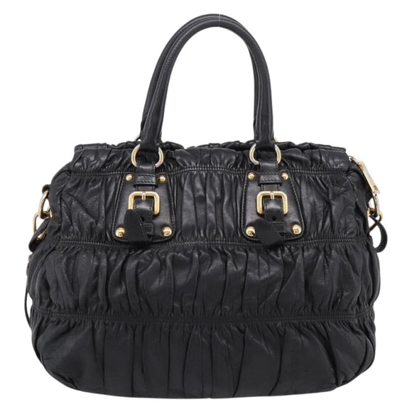 PRADA Hand Bag Leather 2way Black Gold Auth 208574V