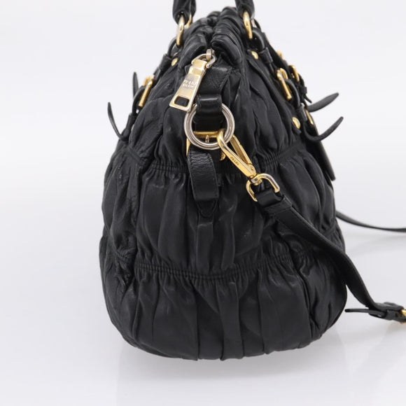 PRADA Hand Bag Leather 2way Black Gold Auth 208574V