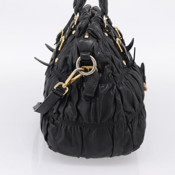 PRADA Hand Bag Leather 2way Black Gold Auth 208574V