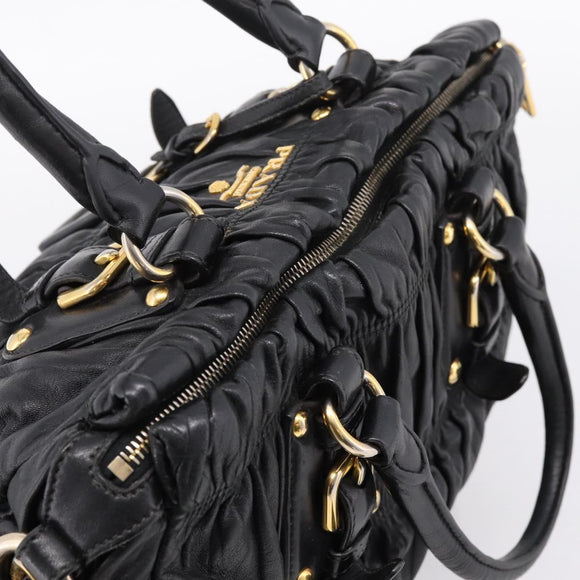 PRADA Hand Bag Leather 2way Black Gold Auth 208574V