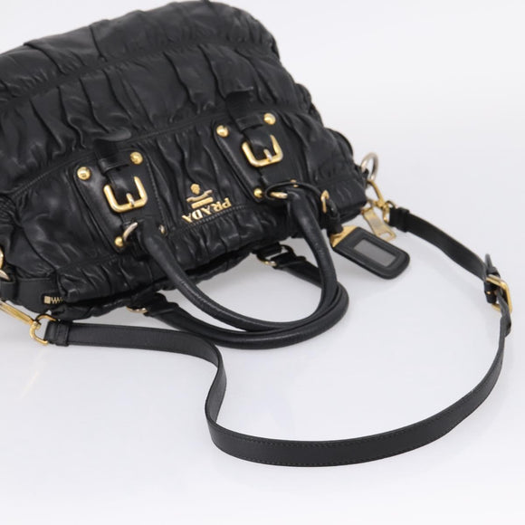 PRADA Hand Bag Leather 2way Black Gold Auth 208574V