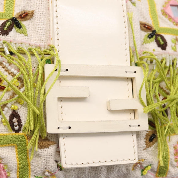 FENDI Mamma Baguette Shoulder Bag Canvas Beads White Silver 26424 Auth 208584SAM
