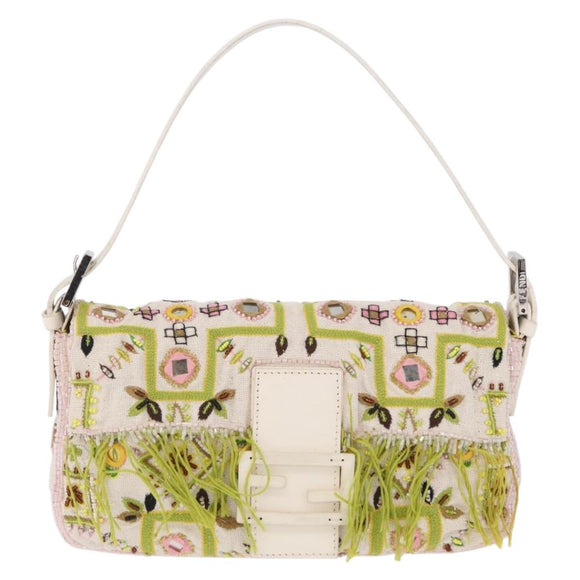 FENDI Mamma Baguette Shoulder Bag Canvas Beads White Silver 26424 Auth 208584SAM