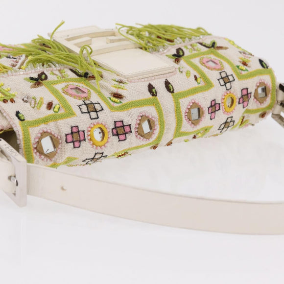 FENDI Mamma Baguette Shoulder Bag Canvas Beads White Silver 26424 Auth 208584SAM