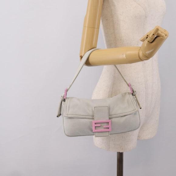 FENDI Mamma Baguette Shoulder Bag Canvas Gray Silver Auth 208585V