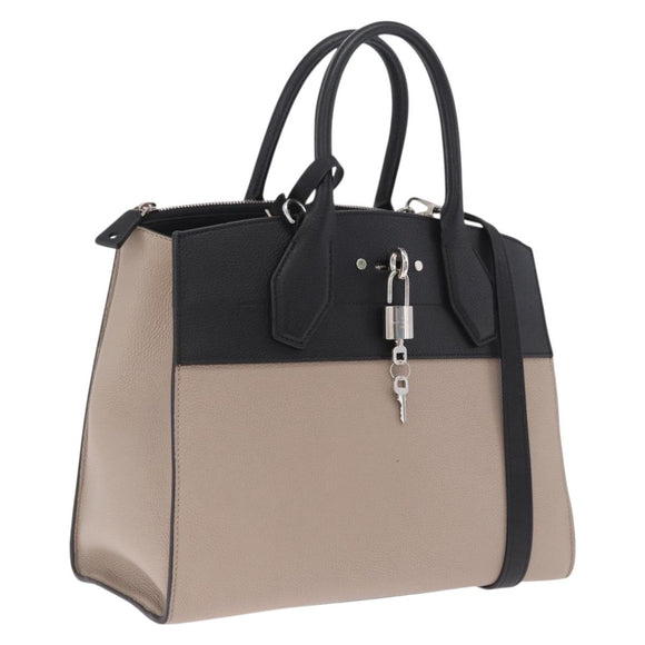 LOUIS VUITTON City Steamer MM Hand Bag Leather Black Beige LV Auth 208594M