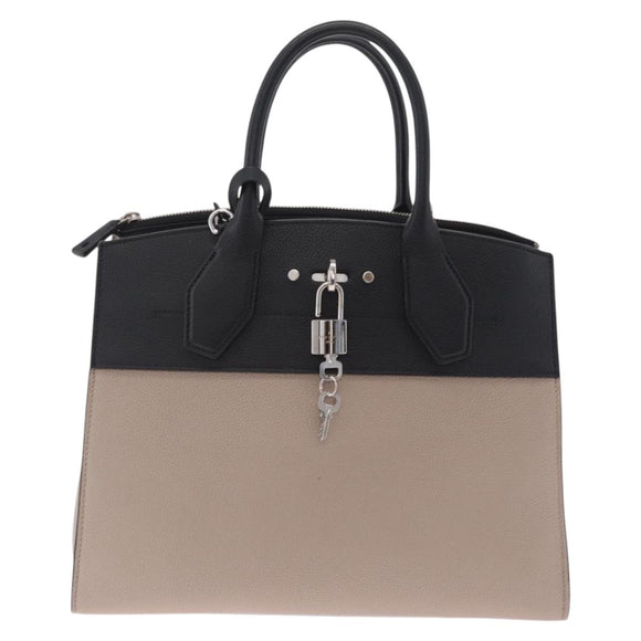 LOUIS VUITTON City Steamer MM Hand Bag Leather Black Beige LV Auth 208594M