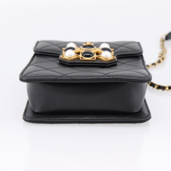 CHANEL Matelasse Shoulder Bag Calf Skin Black Champagne Gold CC Auth 208597SM