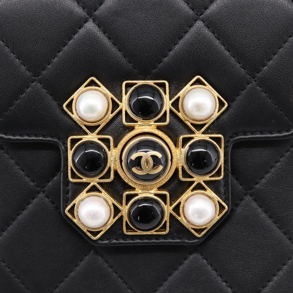 CHANEL Matelasse Shoulder Bag Calf Skin Black Champagne Gold CC Auth 208597SM