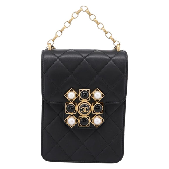 CHANEL Matelasse Shoulder Bag Calf Skin Black Champagne Gold CC Auth 208597SM
