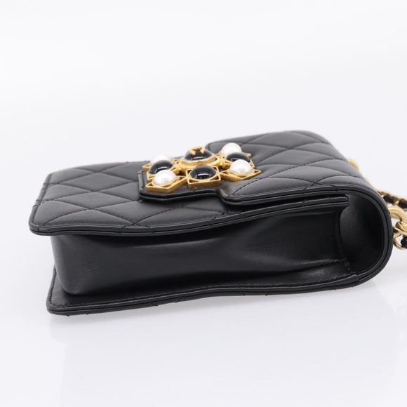 CHANEL Matelasse Shoulder Bag Calf Skin Black Champagne Gold CC Auth 208597SM