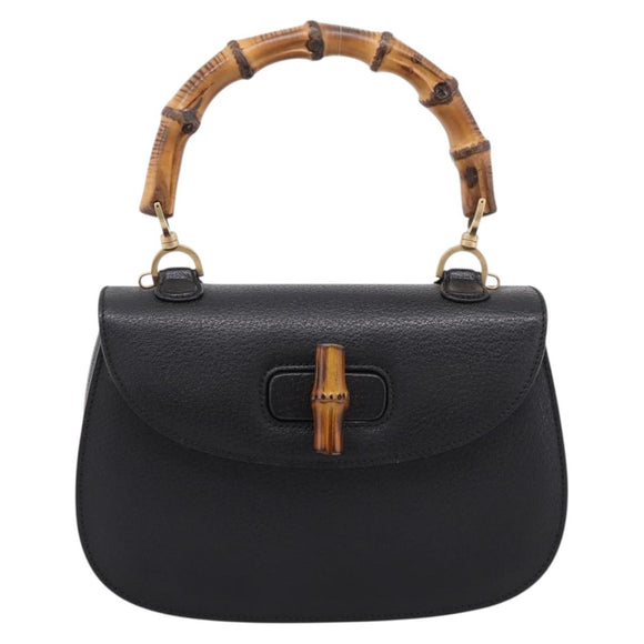 GUCCI Bamboo Hand Bag Leather Black Gold 000 2113 0633 Auth 208629V