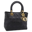 Christian Dior Canage Hand Bag Lamb Skin Black Gold Auth 208690A-1