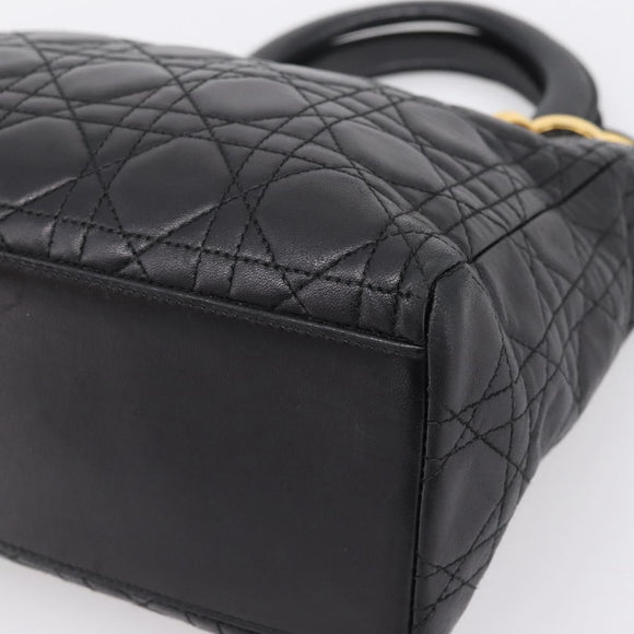 Christian Dior Canage Hand Bag Lamb Skin Black Gold Auth 208690A
