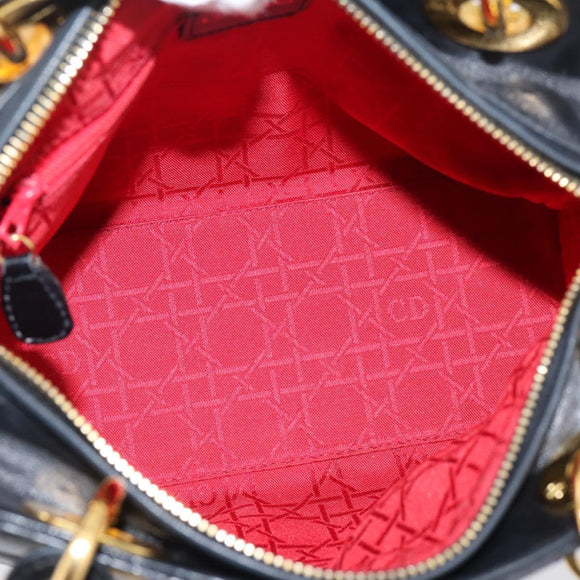 Christian Dior Canage Hand Bag Lamb Skin Black Gold Auth 208690A