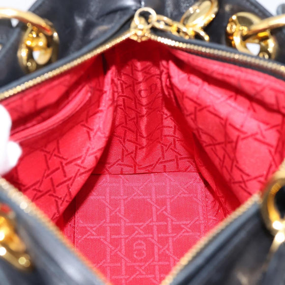 Christian Dior Canage Hand Bag Lamb Skin Black Gold Auth 208690A