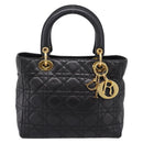 Christian Dior Canage Hand Bag Lamb Skin Black Gold Auth 208690A-13