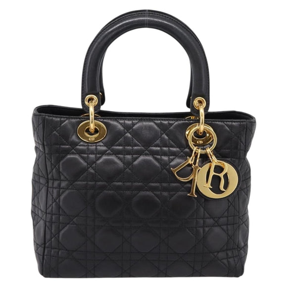 Christian Dior Canage Hand Bag Lamb Skin Black Gold Auth 208690A