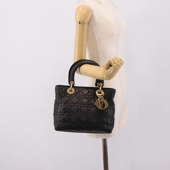 Christian Dior Canage Hand Bag Lamb Skin Black Gold Auth 208690A
