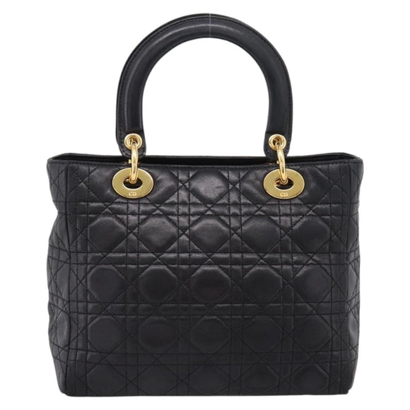 Christian Dior Canage Hand Bag Lamb Skin Black Gold Auth 208690A