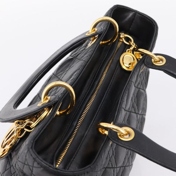 Christian Dior Canage Hand Bag Lamb Skin Black Gold Auth 208690A