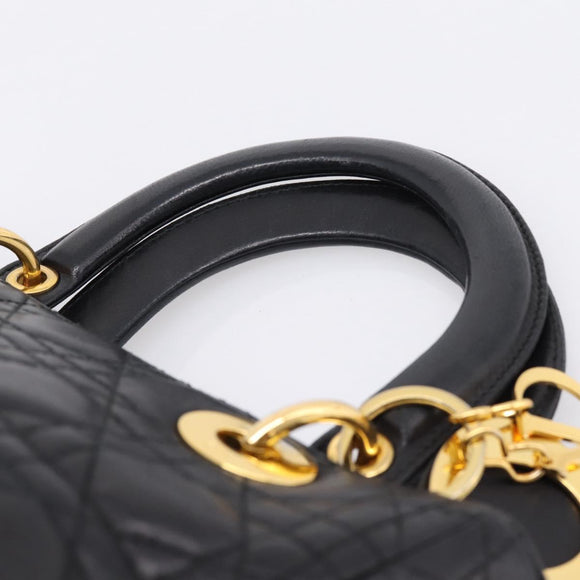 Christian Dior Canage Hand Bag Lamb Skin Black Gold Auth 208690A