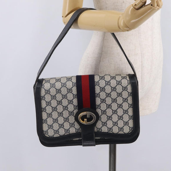 GUCCI GG Supreme Sherry Line Shoulder Bag PVC Navy Gold Auth 208696