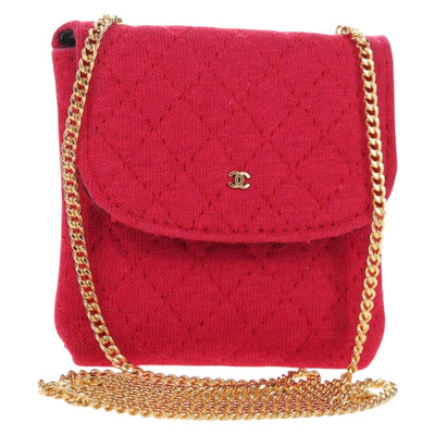 CHANEL Matelasse Chain Shoulder Pouch Cotton Red Gold CC Auth 208720V