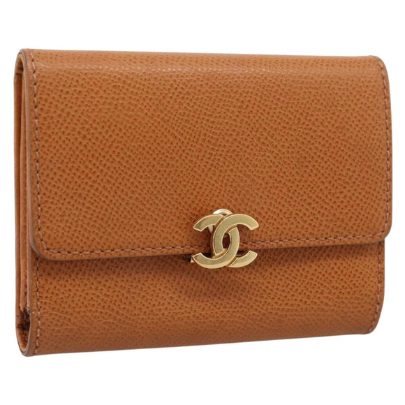 CHANEL Card Case Leather Brown Gold Tone CC Auth 208722M