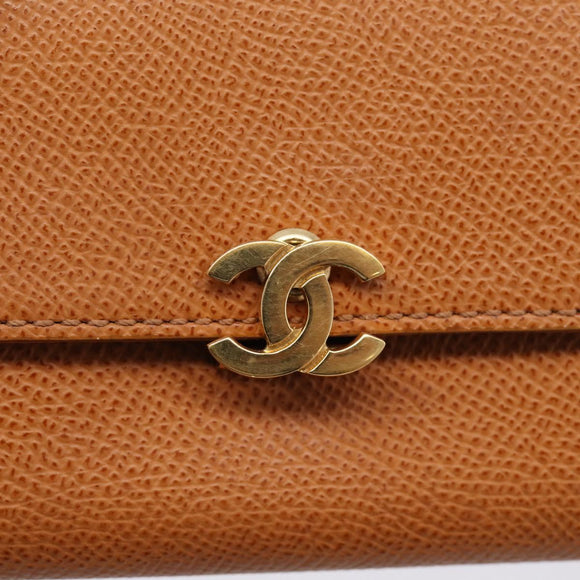 CHANEL Card Case Leather Brown Gold Tone CC Auth 208722M