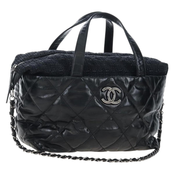 CHANEL Matelasse Portello Hand Bag Lamb Skin 2way Black Silver CC Auth 208729V