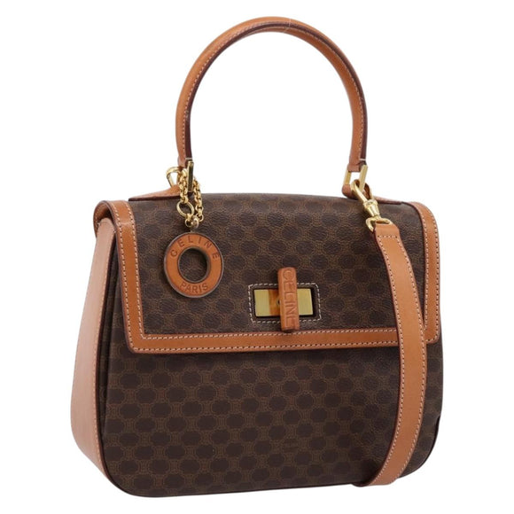 CELINE Macadam Canvas Hand Bag PVC Leather 2way Brown Gold Auth 208743V