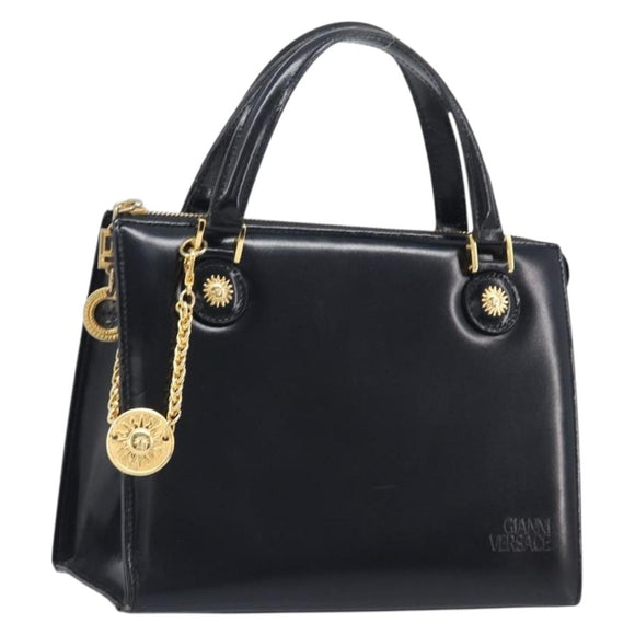 Gianni Versace Hand Bag Leather Black Gold Auth 208748