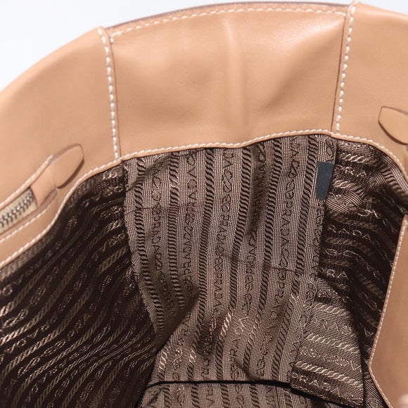PRADA Tote Bag Leather Beige Silver Auth 208753V