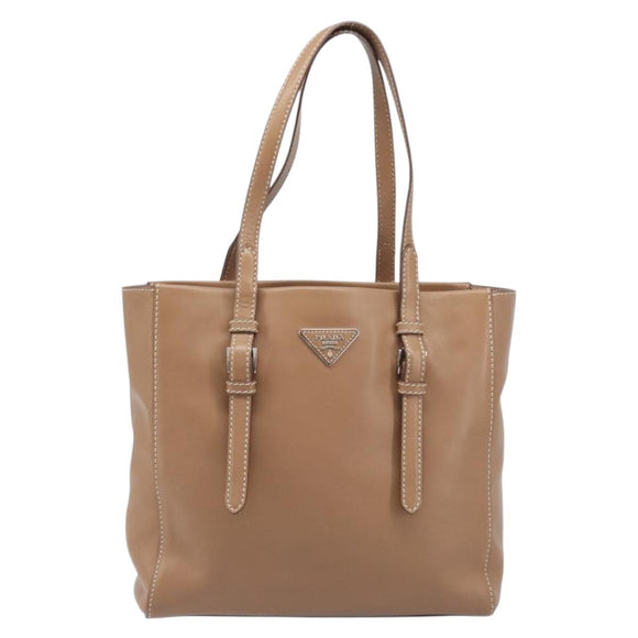 PRADA Tote Bag Leather Beige Silver Auth 208753V